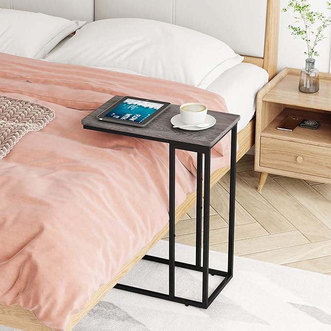 Yusong Small C Shaped End Table, Slim Narrow Couch Side Tables Slide Under Sofa Bed, Skinny Snack Tray Table for Coffee Laptop in Living Room,Easy Assembly,Grey