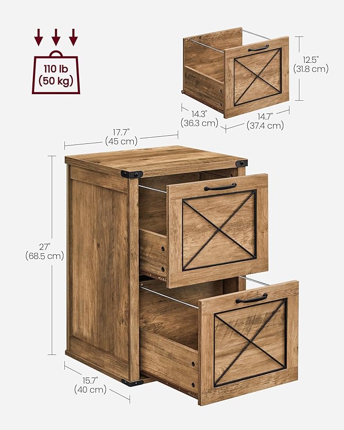 VASAGLE File Cabinet, Filing Cabinet with 2 File Drawers, Printer Stand, Fit A4, Letter Size, Hanging File Folders, Modern Farmhouse Style, for Home Office, Honey Brown UOFC048T41