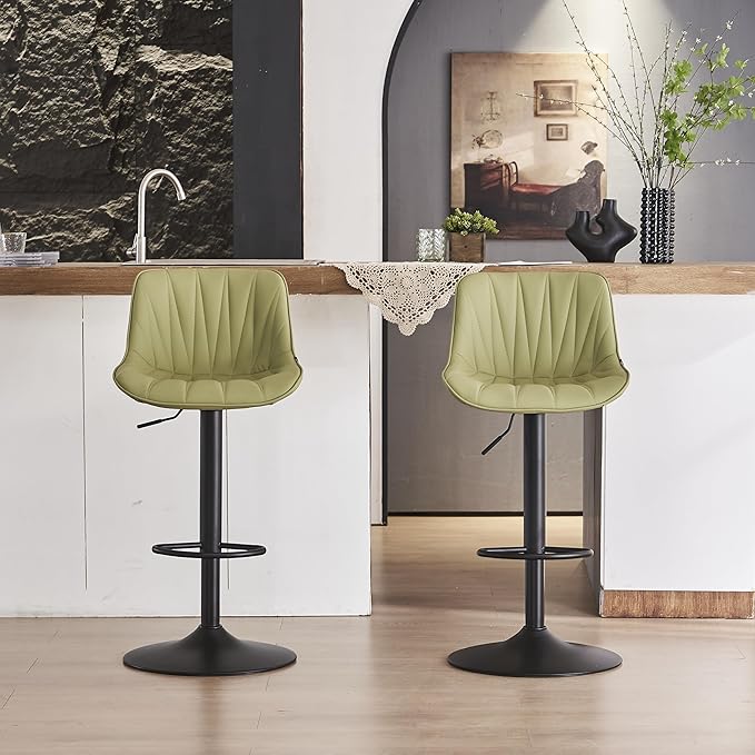 YOUNIKE Bar Stools Set of 2 for Kitchen Island, Grass Green Faux Leather Padded Counter Height Stools, Adjustable Swivel Barstools with Back, Modern Tall Stools with 300LBS Support
