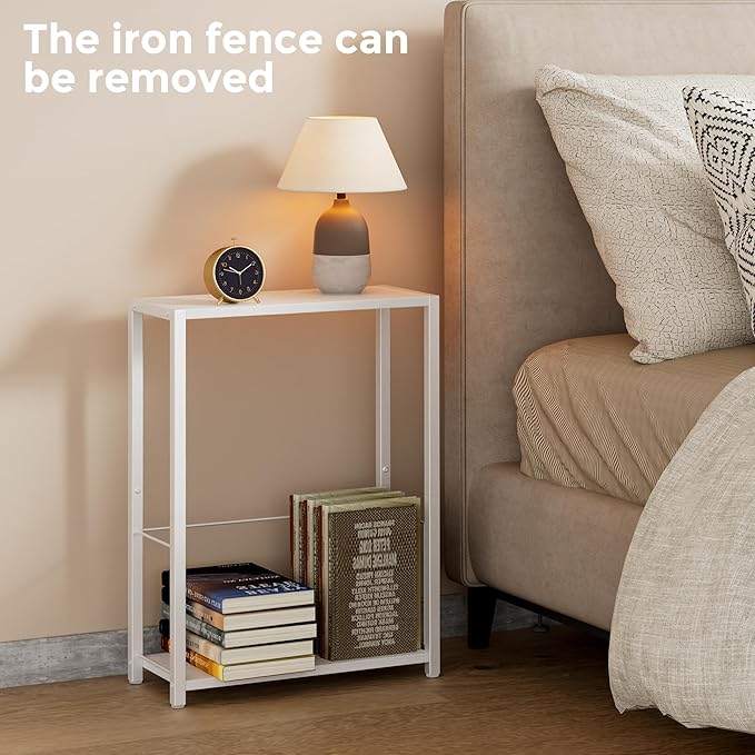 Narrow Side Table with Magazine Holder, Skinny End Table Perfect for Small Spaces, Space-Saving Design for Living Room, Bedroom, or Office, 7.1" D x 16.9" W x 23.6" H, White