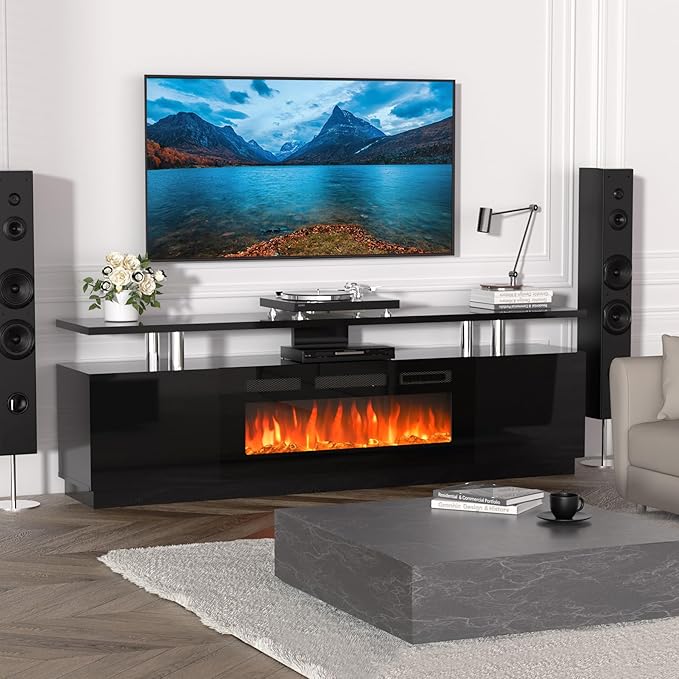 70 Inch Fireplace TV Stand with 36 Inch Electric Fireplace, 12 Colors LED Lights, 750W/1500W for Max 80 Inch TV, 2 Tier Storage 2 Door Cabinet