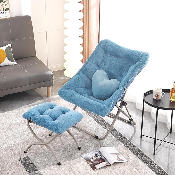 Saucer Chair with Ottoman, Comfy Oversized Folding Chair, Faux-Fur Reading Chair for Teens, Adults, Foldable Accent Lazy Chair, Metal Frame Lounge Chair for Living Room, Bedroom, Blue