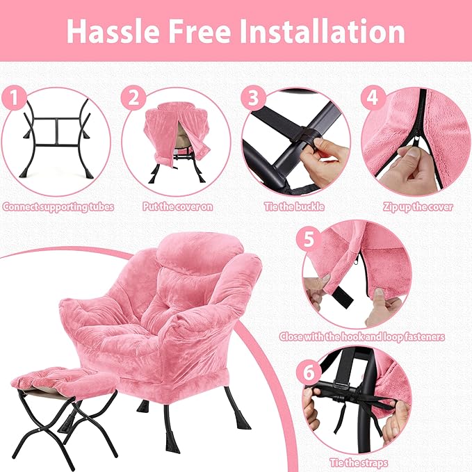 Lazy Chair with Folding Ottoman, Accent Chair Plush Upholstered with Metal Structure and Non-Slip Pads, Sofa Armchair with Footrest and Side Storage Bag for Dorm, Room, Office, Pink