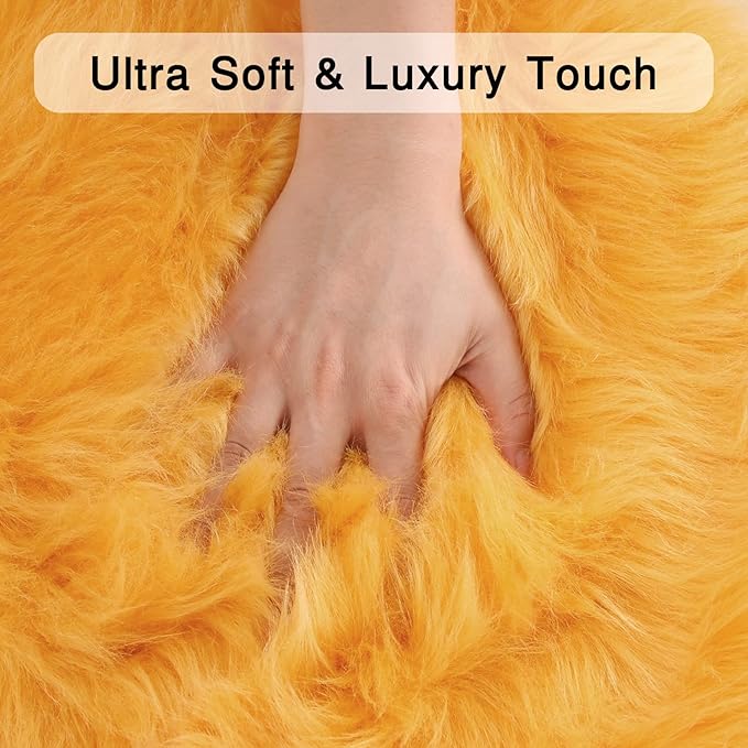 duduta Yellow Faux Sheepskin Round Rug 4x4 ft, Fluffy Shag Fur Bedroom Nursery Kids Playroom Rug Dorm Decor Non Slip Washable