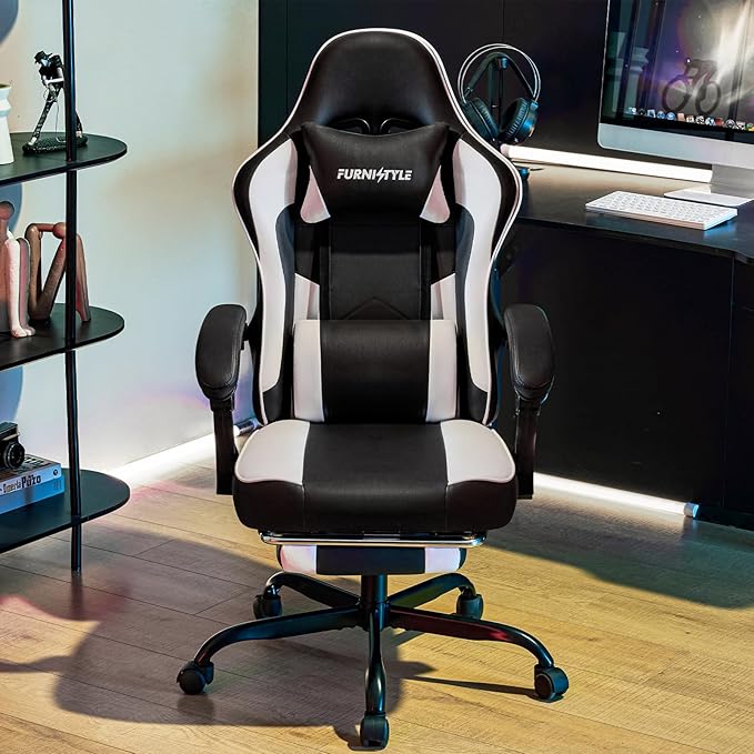 Gaming Chair for Adults and Teens, Ergonomic Leather Video Game Chairs with Footrest, Wide Seat, Reclining Back, Neck & Lumbar Support, Adjustable Swivel Computer Desk Chair, Black/White
