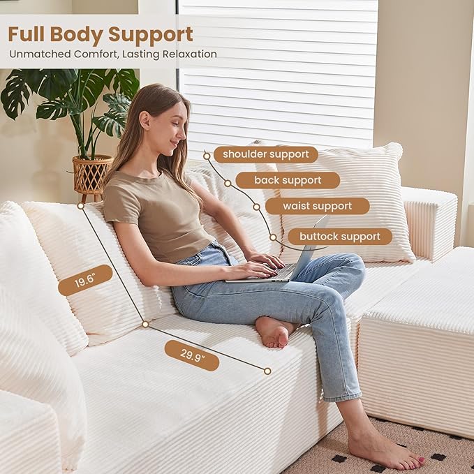 Modular Sectional Sofa, 108" L-Shaped Boneless Couch with Deep Seat, Corduroy Cloud Couch for Living Room, Bedroom, No Assembly Required, Ship in a Box, Beige