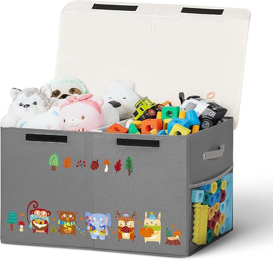 80L Large Toy Storage Box with Lid, Large Toy Box Chest for Kids, Girls and Boys, Nursery Room and Living Room, 26"x13" x16" (grey-animal)
