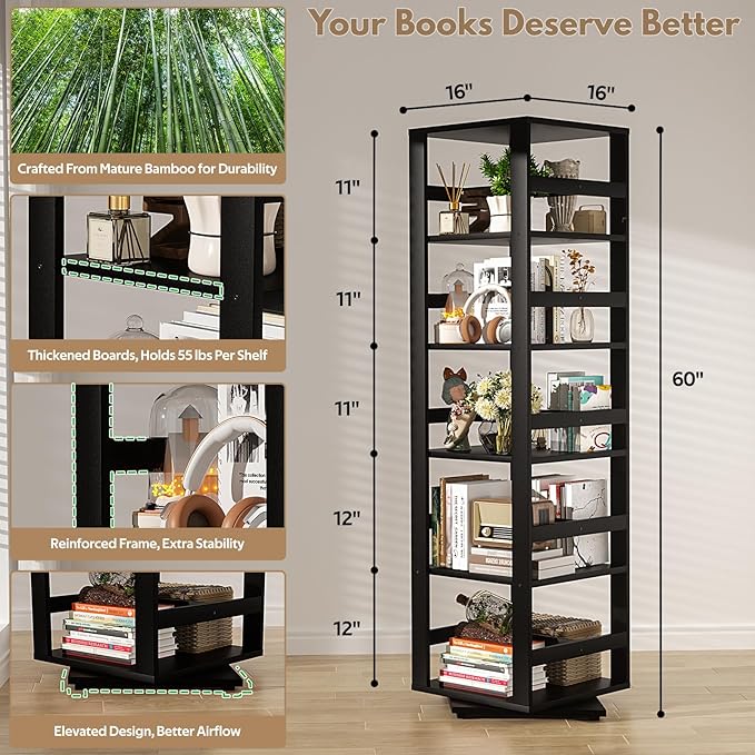 Homykic Rotating Bookshelf, Bamboo 360 Display Spinning Bookshelf Tower, 5-Tier Small Corner Bookcase for Small Spaces, Narrow Revolving Book Shelf Organizer Rack for Home Office, Black