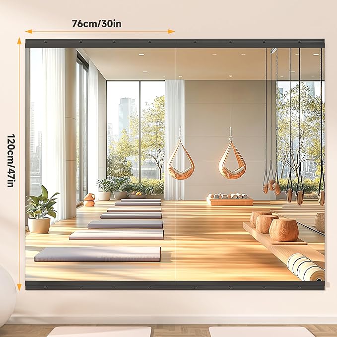 Hasipu 2 Pcs 48''x30'' Home Gym Mirror Large Full Length Wall Mounted Full Body Mirror for Yoga Dance Fitness Exercise Studio Bedroom Garage, Frameless Tempered Glass Workout Mirrors Black Rectangular