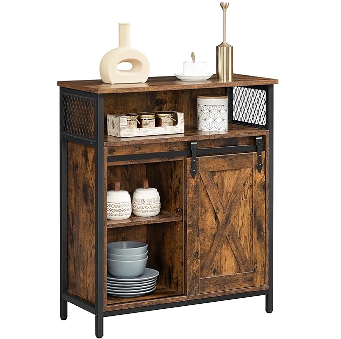 VASAGLE Buffet Cabinet, Coffee Bar Storage Cabinet, Sideboard with 1 Sliding Barn Door, Adjustable Shelves, 11.8 x 27.6 x 31.5 Inches, for Living Room, Rustic Brown and Ink Black ULSC089B01