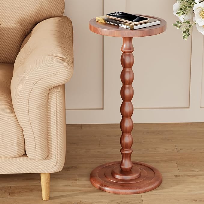 Solid Wood Drink Table, Rubber Wood‌ Small Round Side Table for Small Spaces, Martini Tables, Pedestal End Tables for Living Room, Bedroom, Corners, and Office (Light Walnut, 11.81inch)