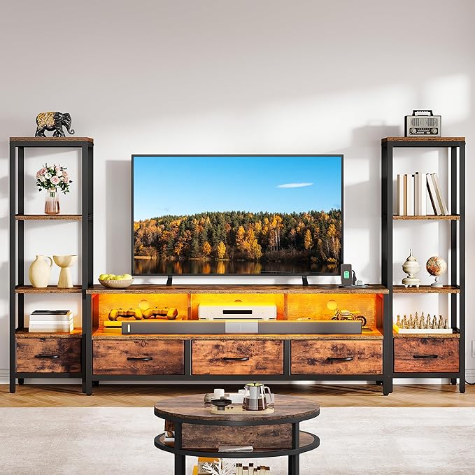 DWVO Entertainment Center with Bookshelves, LED TV Stand for 65/60 inch TV, Retro TV Stand for Living Room with 2 Industrial 4-Tier Bookshelves & Power Outlets,Rustic Brown