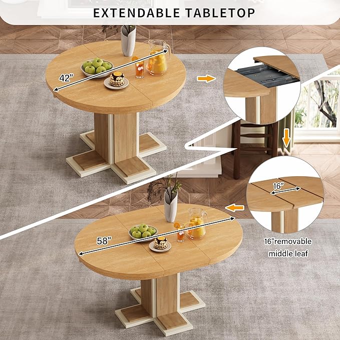 Mid-Century Modern Extendable Round Table with 16" Removable Leaf, Expandable Circular to Oval (42" to 58") Solid Wood Tabletop with Cross Design Trestle Legs for Kitchen Dining/Living Room