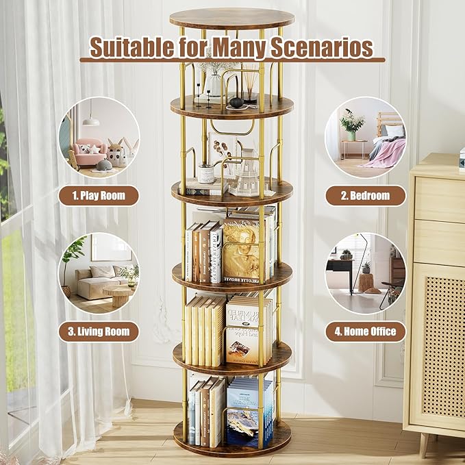 5 Tier Rotating Bookshelf, 360 ° Display Stackable Spinning Bookshelf Tower, Narrow Space Saving Tall Floor Standing Swivel Bookcase Corner Storage Organizer for Bedroom, Living Room, Gold