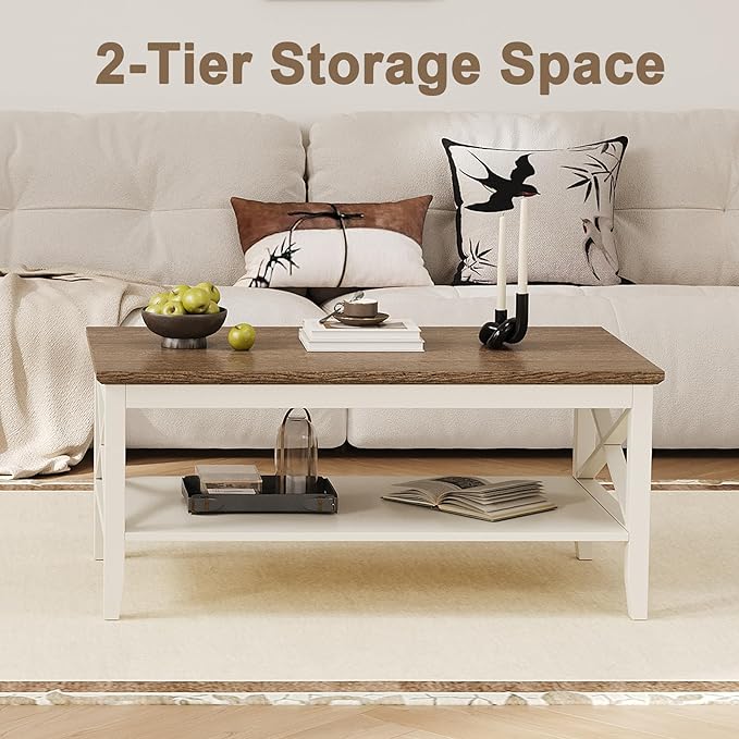 ChooChoo Farmhouse Coffee Table, Wooden Coffee Tables with Thicker Legs, White Coffee Table with Storage for Living Room