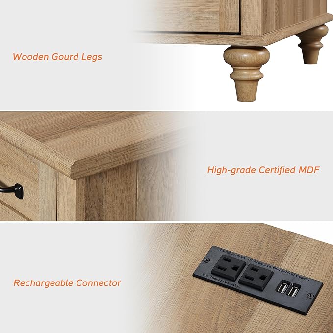WAMPAT Set of 2 Oak Nightstands Side Tables with Charging Station, Farmhouse End Table with 2 Drawers & Shelf for Living Room, Light Wood Night Stand Bedside Table for Bedroom
