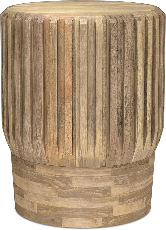 SIMPLIHOME Lyall End Table - 16 inch Wide Solid Mango Wood Round Accent Table with Fluted Sides in Natural, Contemporary Nightstand or Lamp Stand for Living Room or Bedroom, Assembled