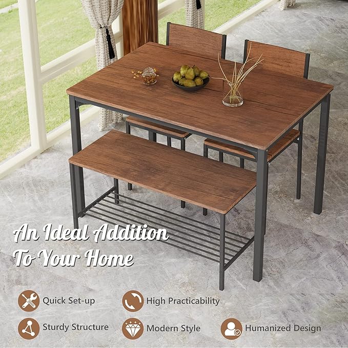 Giantex Dining Table Set for 4, 43" Kitchen Table and Chairs, Dining Bench with Metal Frame & Storage Rack, 4-Piece Modern Functional Desk Set for Dinette, Small Space, Apartment, Restaurant, Brown