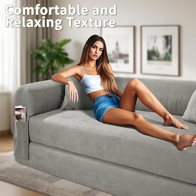 80" Convertible Sofa Bed, 3-in-1 Corduroy Folding Pull Out Couch with Pillows, No Assembly Modern Boneless Couch Compression Sofa in Box, Floor Sofa with Side Storage Pocket for Living Room,Light grey