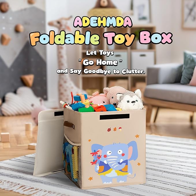 40L Large Toy Storage Box with Lid, Large Toy Box Chest for Kids, Girls and Boys, Nursery Room and Living Room, 13"x13" x16" (Dark Khaki-animal)