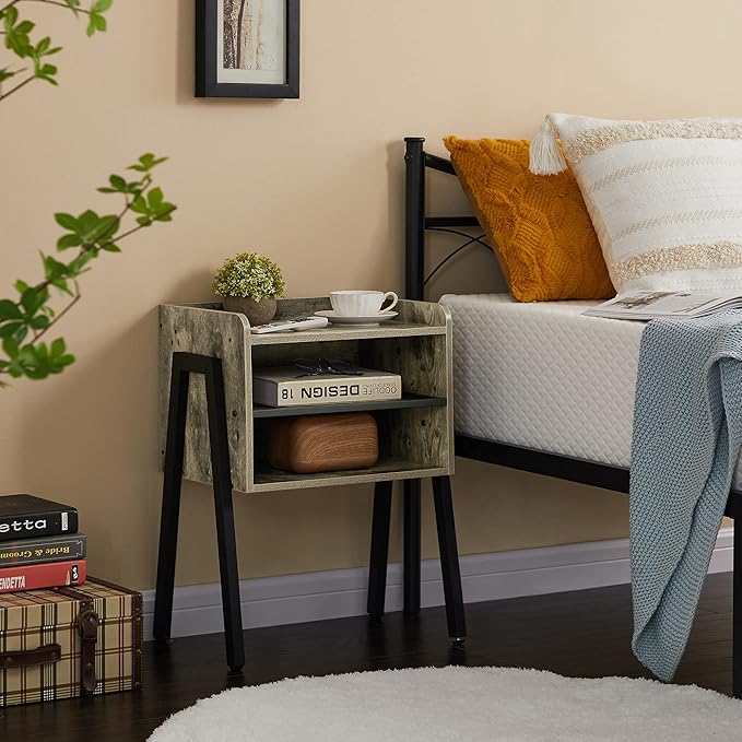 VECELO Night Stand Industrial End Table,Bedside Table with 2-Tier Open Storage Compartments for Bedroom, Living Room and Small Spaces