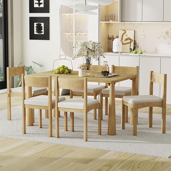 Dining Table with Chairs Set of 6, 7-Piece 60" Farmhouse Rectangular Dining Room Table with 6 Upholstered Solid Wood Chairs, Space Saving Kitchen Tables for Small Place, Natural Rubber Wood