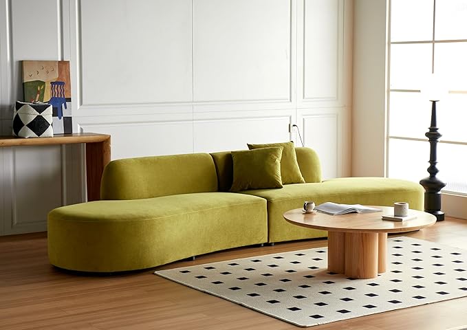 Container Furniture Direct 132" Curved Sofa with Throw Pillows, 6 Seater Luxury Velvet Couch with Half Moon Design and High-Density Foam, Ideal for Modern Living Room, Office & Apartment, Olive Green