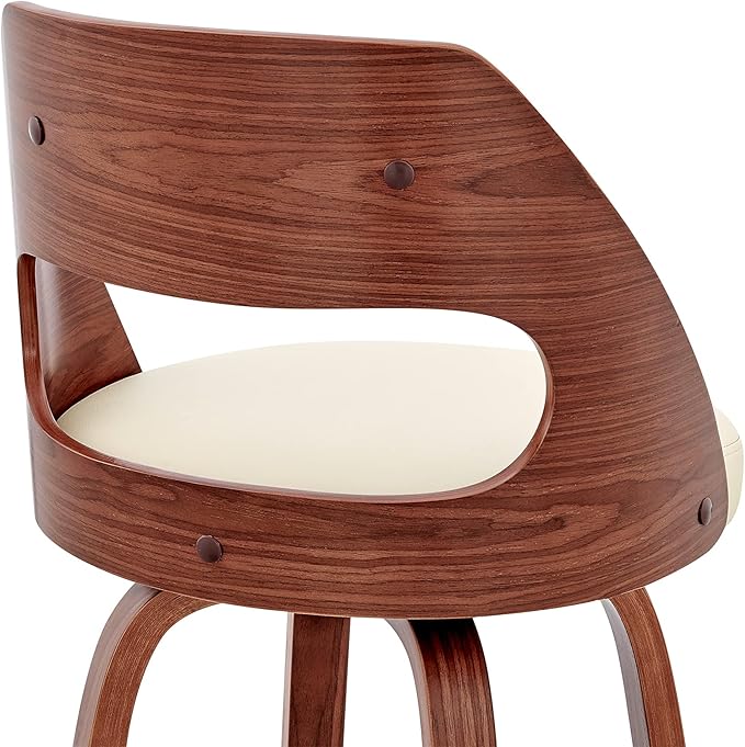 Armen Living Julius Mid Century Modern Swivel Bar Stool for Kitchen Island Counter in Cream Faux Leather and Walnut Wood, 26" Seat Height
