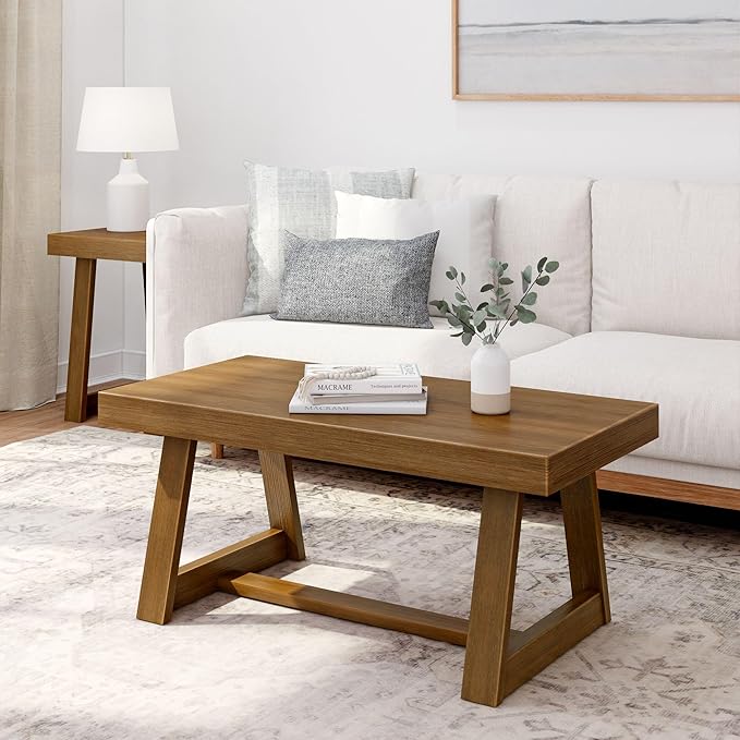 Plank+Beam Classic Rectangular Coffee Table, 40 Inch Farmhouse Coffee Table, Mini Center Tables for Small Spaces, Small Living Space Tea Table, Pecan Wirebrush