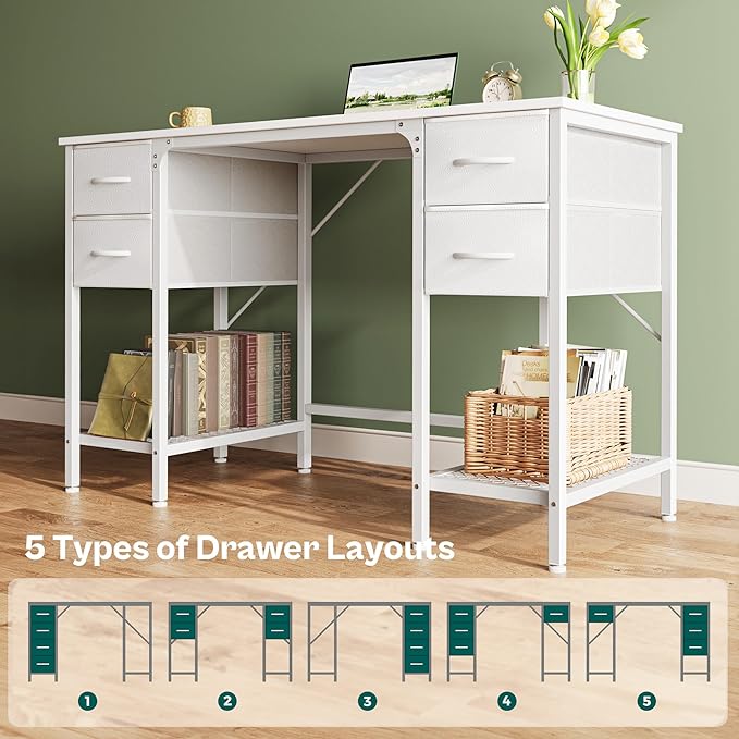 Huuger 47 Inch White Desk with 4 Drawers, Vanity Desk with Mesh Shelf, Study Table with Large Storage, Computer Desk for Home Office, Bedroom, Work from Home