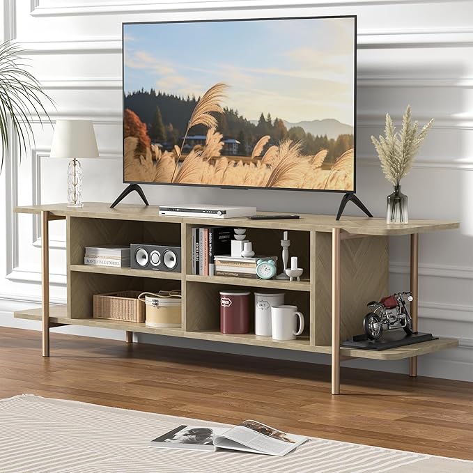 Giluta TV Stand for TV up to 75 Inch, Wood TV Cabinet with Open Storage, Entertainment Center TV Console Table, Coffee Table for Living Room (Light Oak)