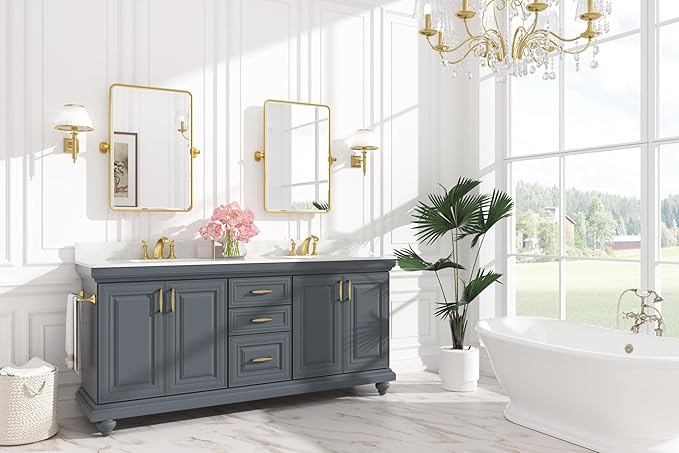 Keonjinn Brushed Gold Pivot Mirror Bathroom, 20x30 in Tilt Mirror Bathroom for Over Sink, Rounded Corner Modern Pivot Rectangle Mirrors, Metal Framed Beveled Bathrooms Mirror (Horizontal/Vertical)