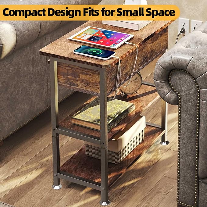 TooCust Flip Top End Table with Hidden Charging Station - 12" D×21" W×26" H Small Side Tables with Storage & Shelves, Compact Side Table for Small Spaces, Slim End Table with Charging Station, Brown
