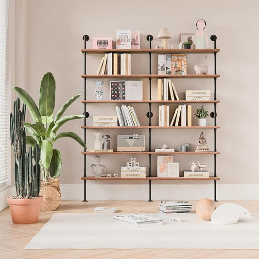 Industrial Ladder Shelf Bookcase, Wall Mounted Rustic Bookshelf, Retro Wood Metal Pipe Industrial Shelves for Living Room(Weathered Brown, 6 Tier - 10" D x 70" W x 82.5" H)