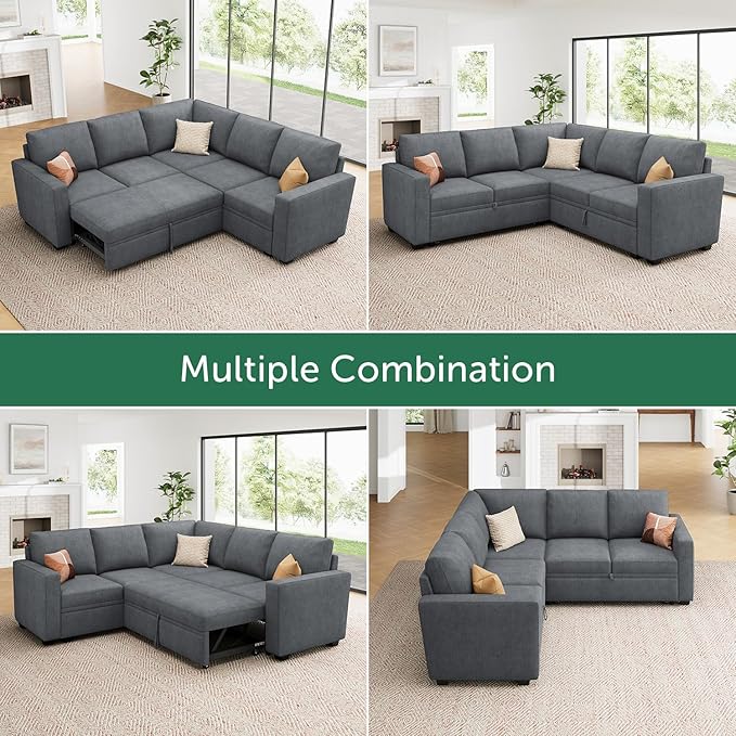 HONBAY Modular Sectional Sleeper Sofa with Pull Out Bed, Chenille L Shaped Couch with Storage Seats, Convertible Sectional Couches for Living Room, Bluish Grey