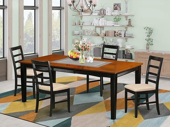 East West Furniture QUPF5-BCH-C 5 Piece Dining Room Table Set Includes a Rectangle Kitchen Table with Butterfly Leaf and 4 Linen Fabric Upholstered Dining Chairs, 40x78 Inch, Black & Cherry