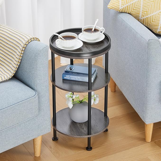 Small Round Side Table for Small Spaces, 3-Tier Round Accent Table Slim Side Table, Modern Sofa Corner Table for Living Room Nightstand Bedroom (Grey)