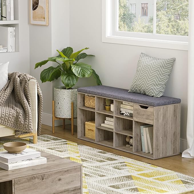 DINZI LVJ Shoe Bench, Entryway Storage Bench with Drawer and 11 Cubbies, Cubby Shoe Rack with Adjustable Shelves, Organizer Cabinet for Living Room, Bedroom, Mudroom, Closet and Garage, Greige