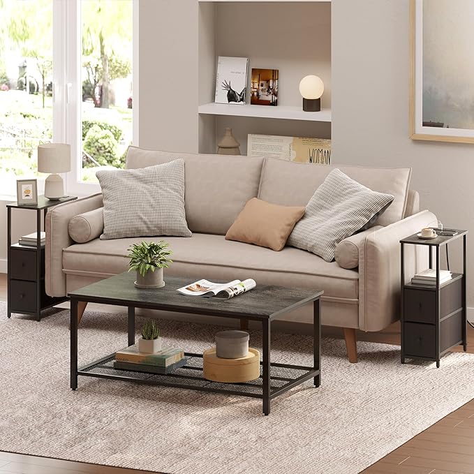 TUTOTAK Small Narrow End Table with Charging Station, Set of 2, Side Table with Outlets, Nightstand with 2 Cloth Drawers, Couch Table, for Living Room, Bedroom, Bedside, Charcoal Grey TB01BY055