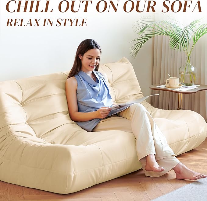 Bean Bag Chair, Large Fireside Chair Bean Bag Sofa for Adults, 3 Seater Bean Bag Chairs for Teens with High-Resilience Foam, Memory Foam Bean Bag for Living Room, Bedroom, Office (Suede, Beige)