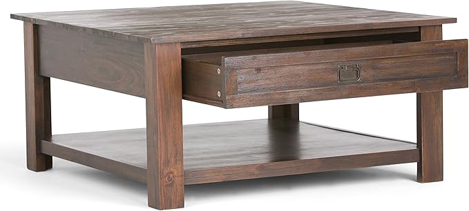 SIMPLIHOME Monroe Square Coffee Table - 38 inch Wide Solid Acacia Wood Living Room Table in Distressed Charcoal Brown, Rustic Cocktail Table for Family Room or Lounge with 2 Drawers and Open Shelf