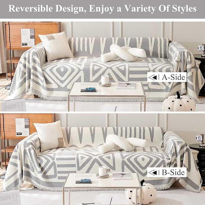 STACYPIK Durable Chenille Gray Beige Sofa Cover Boho Triangle Slipcover Furniture Protector Washable Armchair Couch Cover for 2 Cushion Couch Non-Slip Jacquard Sofa Protector Pet Friendly-71X90IN