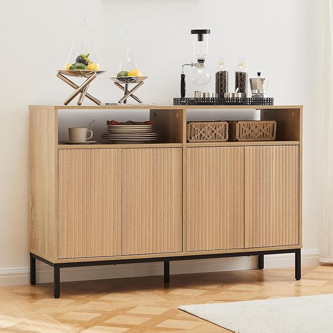 Farmhouse Buffet Sideboard Cabinet with Storage, Fluted Natural Coffee Bar Station Table with Doors and Adjustable Shelves, Modern Wood Cupboard for Kitchen