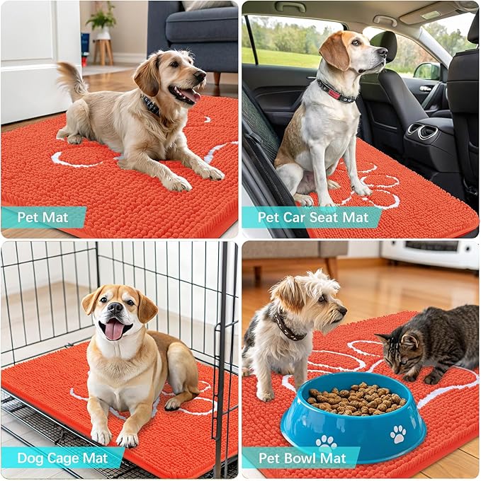 OLANLY Door Mat for Muddy Dog Paws 36x24, Ultra Absorbent Chenille Mud Doormat with Paw Print Design, Non-Slip Washable Doormat for Indoor Entryway, Quick-Dry Pet Bed Mats for Dirty Dogs, Coral