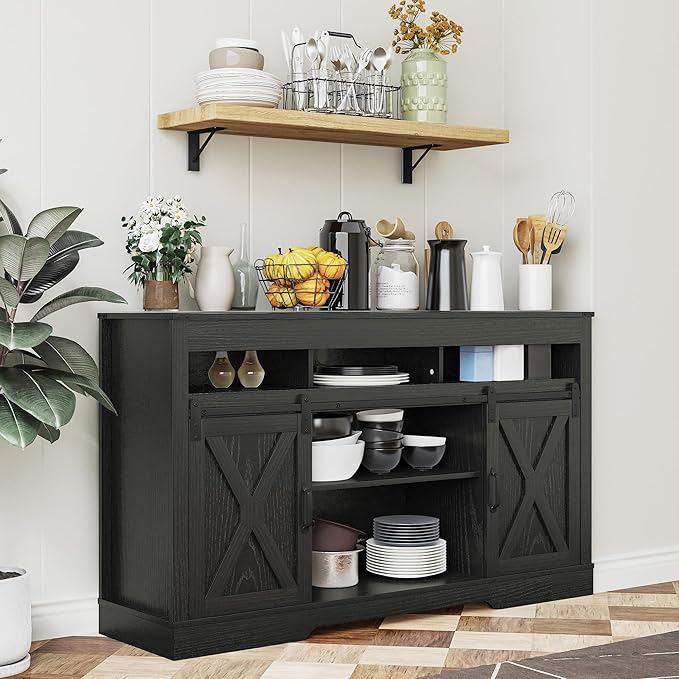 RoyalCraft Farmhouse TV Stand with Sliding Barn Door for TVs up to 65+ Inch, 34" Tall Entertainment Center, Wood Media Console Storage Cabinet for Bedroom, Living Room, Black