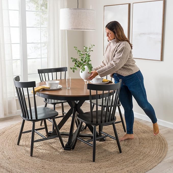 Bush Furniture Round Dining Table Set for 4, with 45 inch Trestle Design, High Back Spindle Dining Chairs, Transitional, West End Collection, Dark Brown and Black