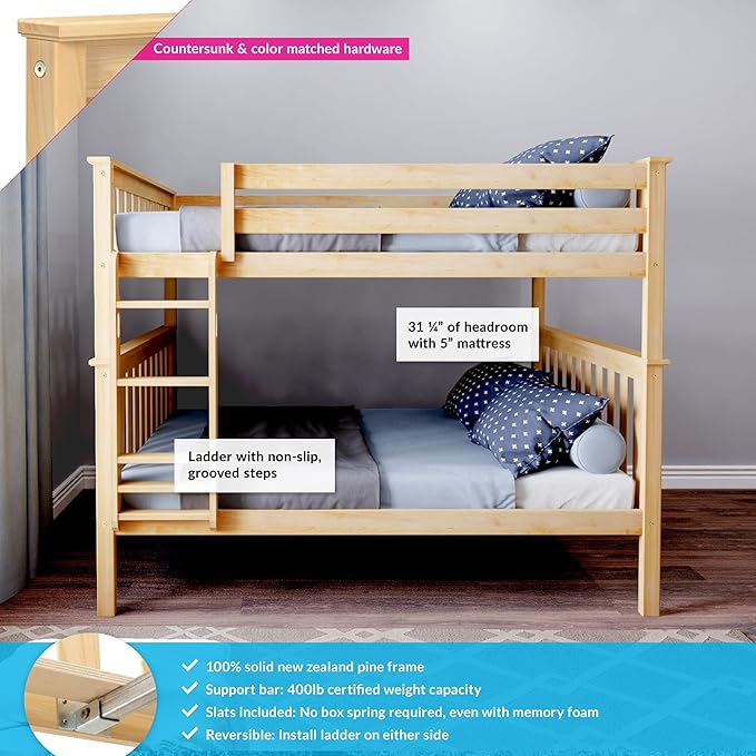 Max & Lily Full Over Full Bunk Bed with Ladder, Solid Wood Platform Bed Frame for Kids, 14" Safety Guardrails, Easy Assembly, No Box Spring Needed, Natural