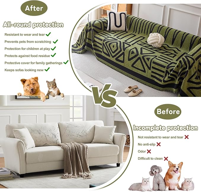 HANDONTIME Boho Geometric Couch Covers for Sofa Pet Friendly Avocado and Black Sofa Covers Washable Chenille Couch Blanket Cover for 2 3 Cushion Couches Pet Protector Furniture Cover Soft, 71" X 118"