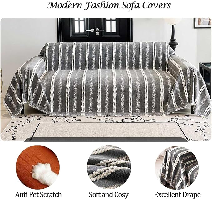 Couch Cover for Dogs Washable Sofa Cover, Sectional Couch Covers, Sofa Covers for 2 Cushion Couch, Non Slip Stripe Sofa Slipcovers Furniture Protector, Couch Protector from Cat Claws, Grey,75''x102''