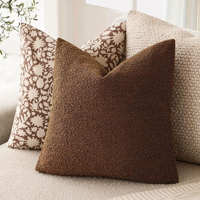 Foindtower Set of 2, Decorative Textured Boucle Throw Pillow Covers Accent Solid Pillow Cases Neutral Soft Cozy Couch Cushion Case for Chair Sofa Bedroom Living Room Home Decor 26x26 Inch Hazel Brown